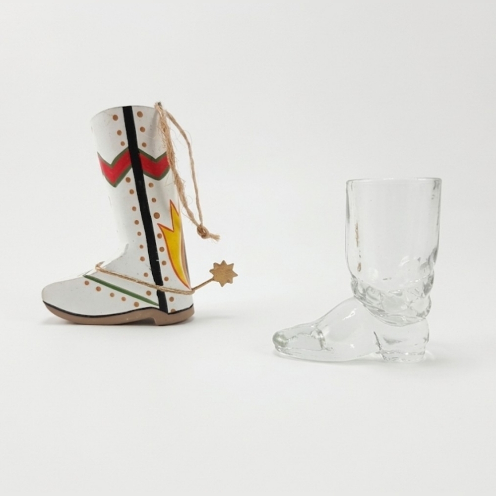 ​Vtg Cowboy Boot Set, Rossini Empoli Glass + Hand-Painted Tin Ornament
